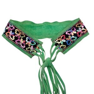 Boho Embroidered Green Suede Belt Butterfly Tie Waist 25" Band Hippie Y2K